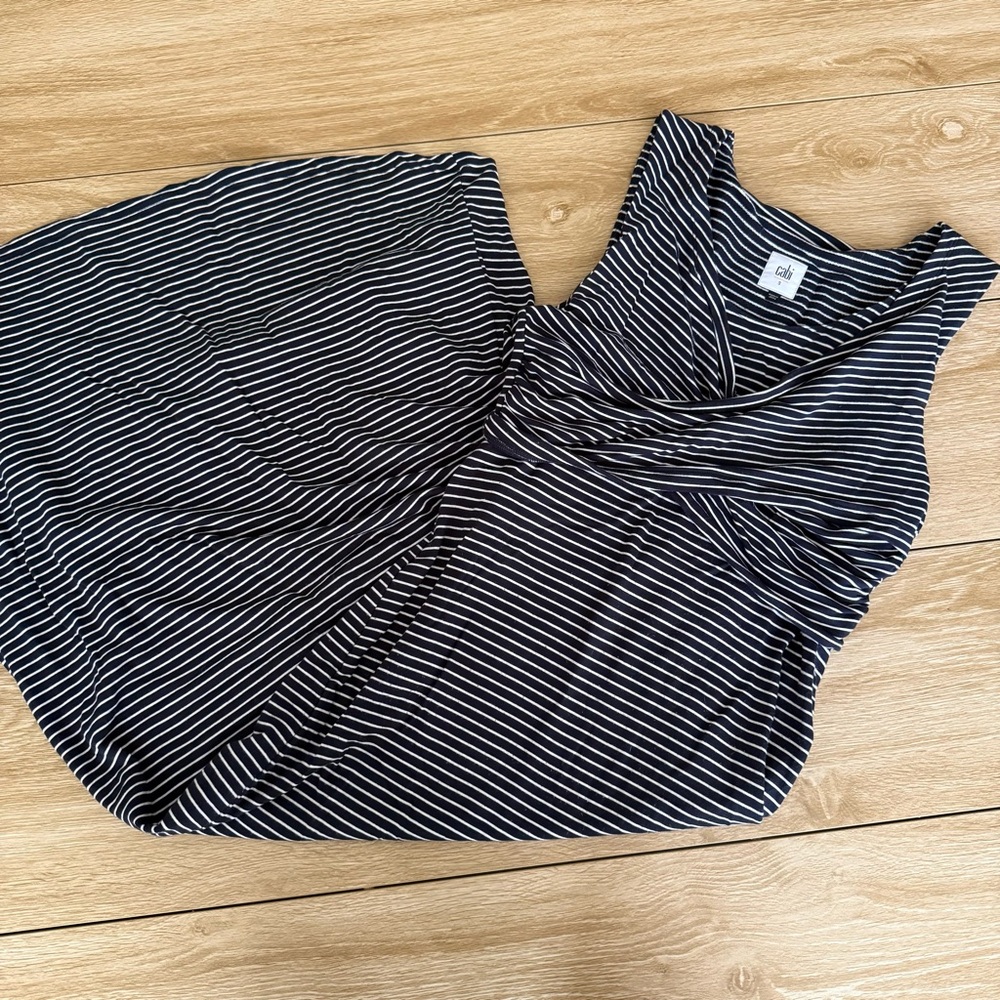 CAbi Navy and White Striped Maxi Dress